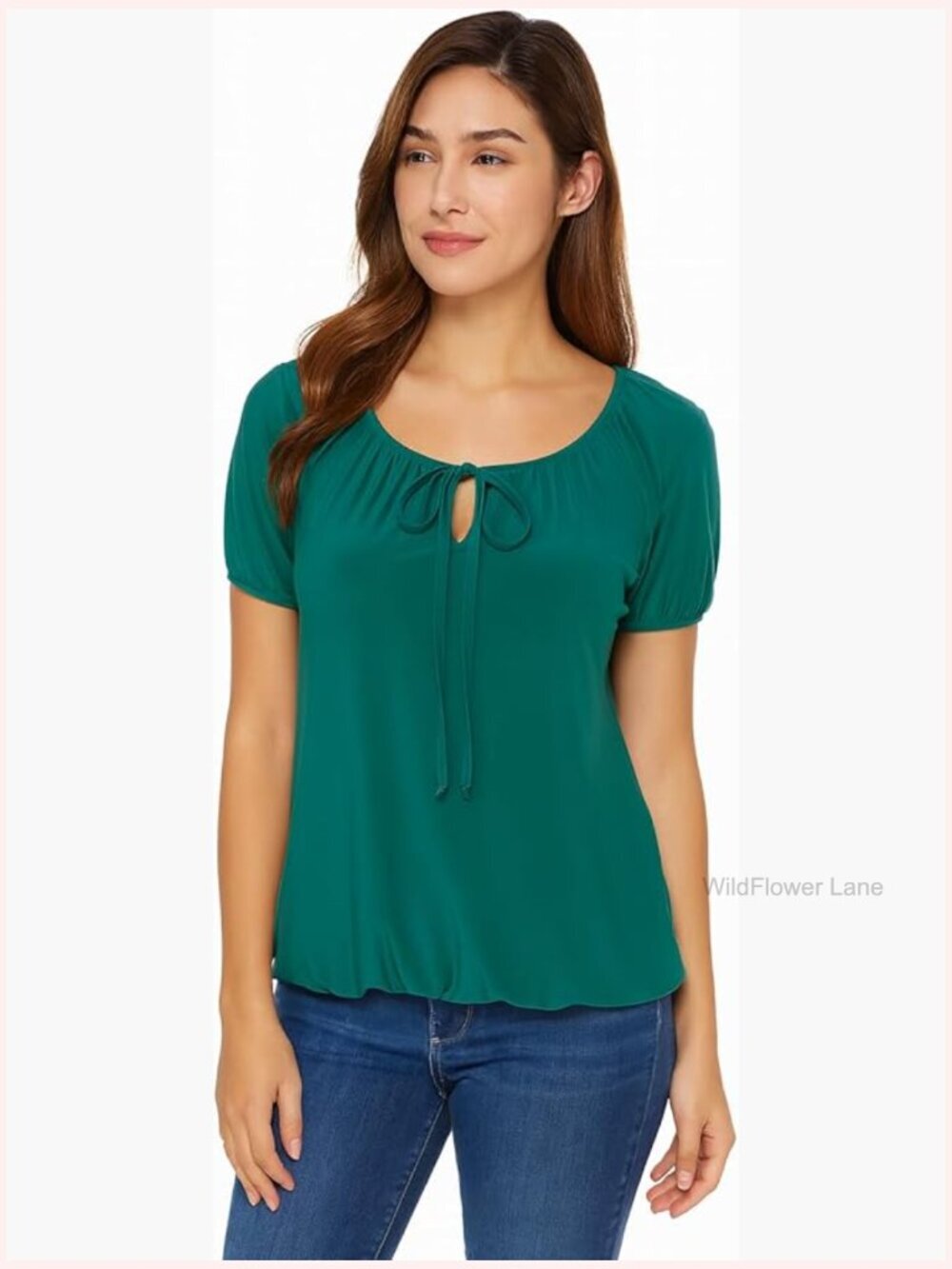 Short Sleeve Blouse with Scoop Neck and Tie Detail